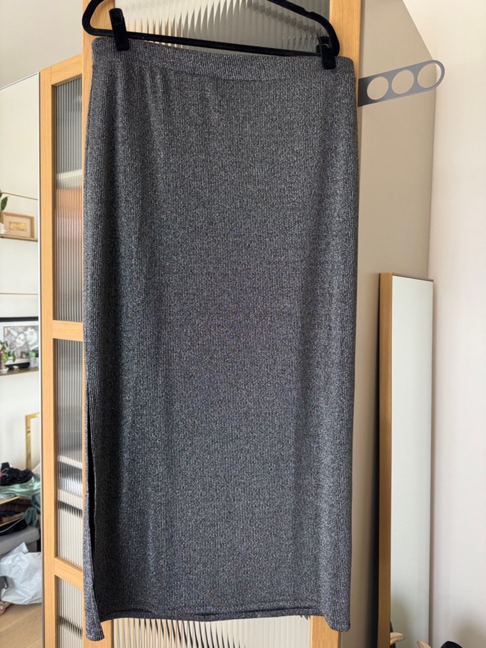 Metallic Gray Knit Skirt with Side Slit